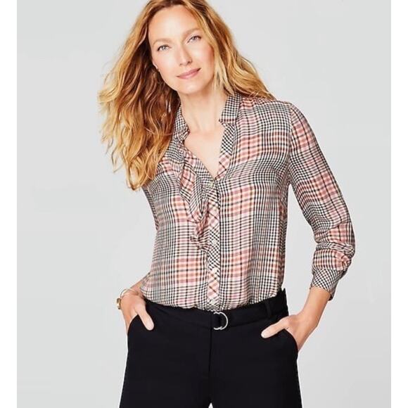 J. Jill Tops - J. Jill Ruffle Plaid Blouse Womens Size 3X Pink Brown Casual Comfort Cowgirl